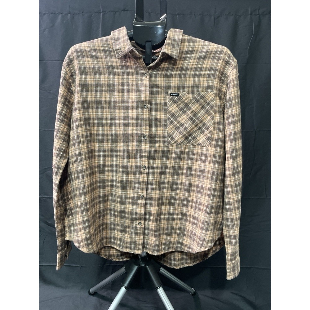 Volcom Womens Flannel Shirt Medium Brown Plaid Button Up NWT Skate